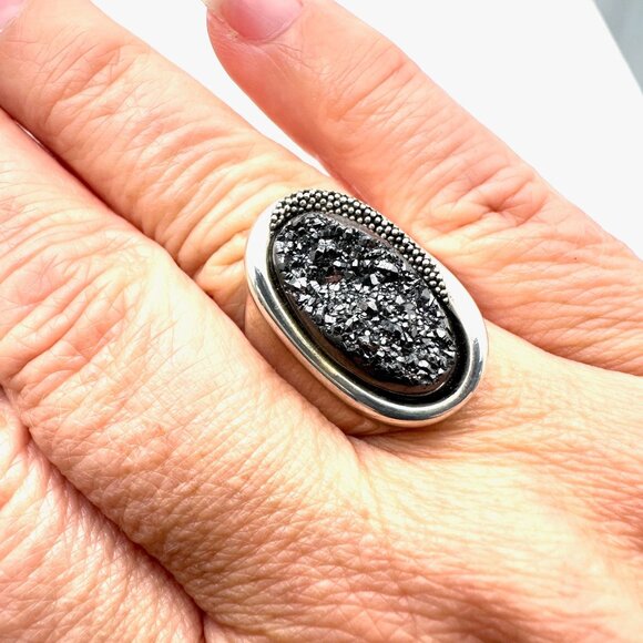 Michael Dawkins Ring Sterling Silver Black Druzy Quartz Size 9 - Picture 2 of 5